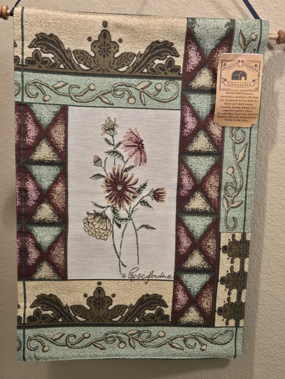 Vintage Floral Tapestry Wall Hanging in Teal & Burgundy -